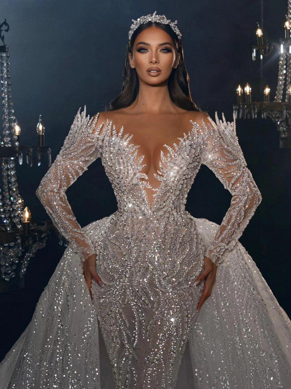 Vestido de novia elegante con cuello redondo brillante y cuentas con cola desmontable, vestidos de novia de lujo hasta el suelo. 