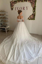 NumberSea Shiny Ivory Tulle A-line Off Shoulder Wedding Dresses, Bridal Gowns