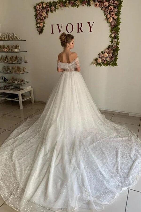 NumberSea Shiny Ivory Tulle A-line Off Shoulder Wedding Dresses, Bridal Gowns
