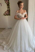 NumberSea Shiny Ivory Tulle A-line Off Shoulder Wedding Dresses, Bridal Gowns