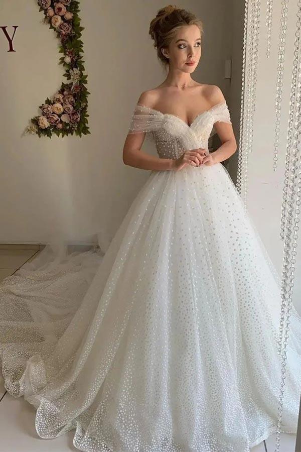 NumberSea Shiny Ivory Tulle A-line Off Shoulder Wedding Dresses, Bridal Gowns