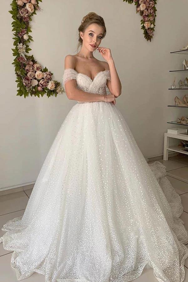 NumberSea Shiny Ivory Tulle A-line Off Shoulder Wedding Dresses, Bridal Gowns