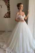 NumberSea Shiny Ivory Tulle A-line Off Shoulder Wedding Dresses, Bridal Gowns