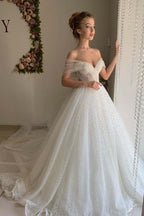 NumberSea Shiny Ivory Tulle A-line Off Shoulder Wedding Dresses, Bridal Gowns