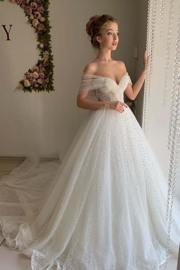 NumberSea Shiny Ivory Tulle A-line Off Shoulder Wedding Dresses, Bridal Gowns