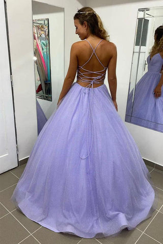 Shiny Lavender A Line V Neck Tulle Prom Formal Dress With Pocket