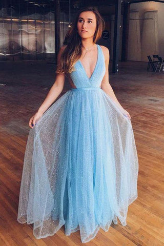 Shiny Light Blue V Neck Long Tulle Prom Dress For Teens