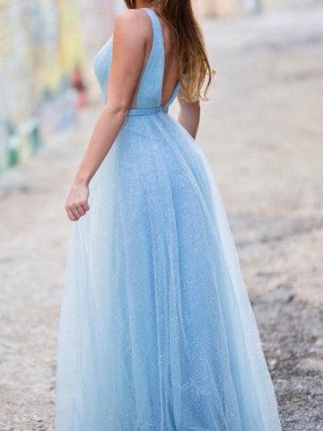 Shiny Light Blue V Neck Long Tulle Prom Dress For Teens