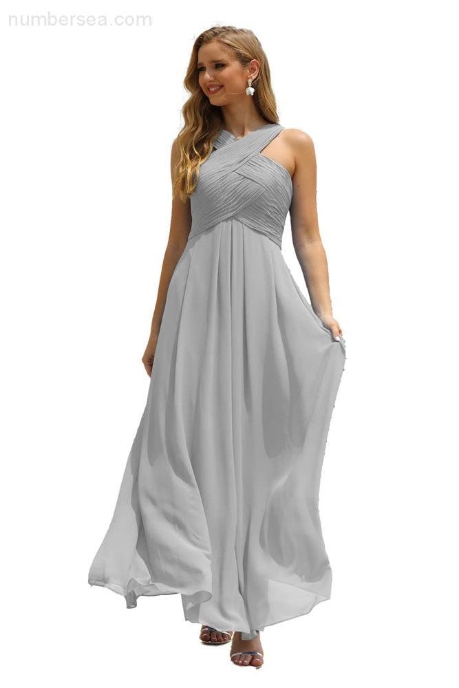 Numbersea Women Halter Chiffon Bridesmaid Dress A-line Long Formal Prom Gown SEA28015-numbersea