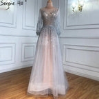 Vestido de noche de lujo plateado estilo Dubái, de manga larga, corte A, con lentejuelas y abalorios, vestido formal sexy Serene Hill LA70418 