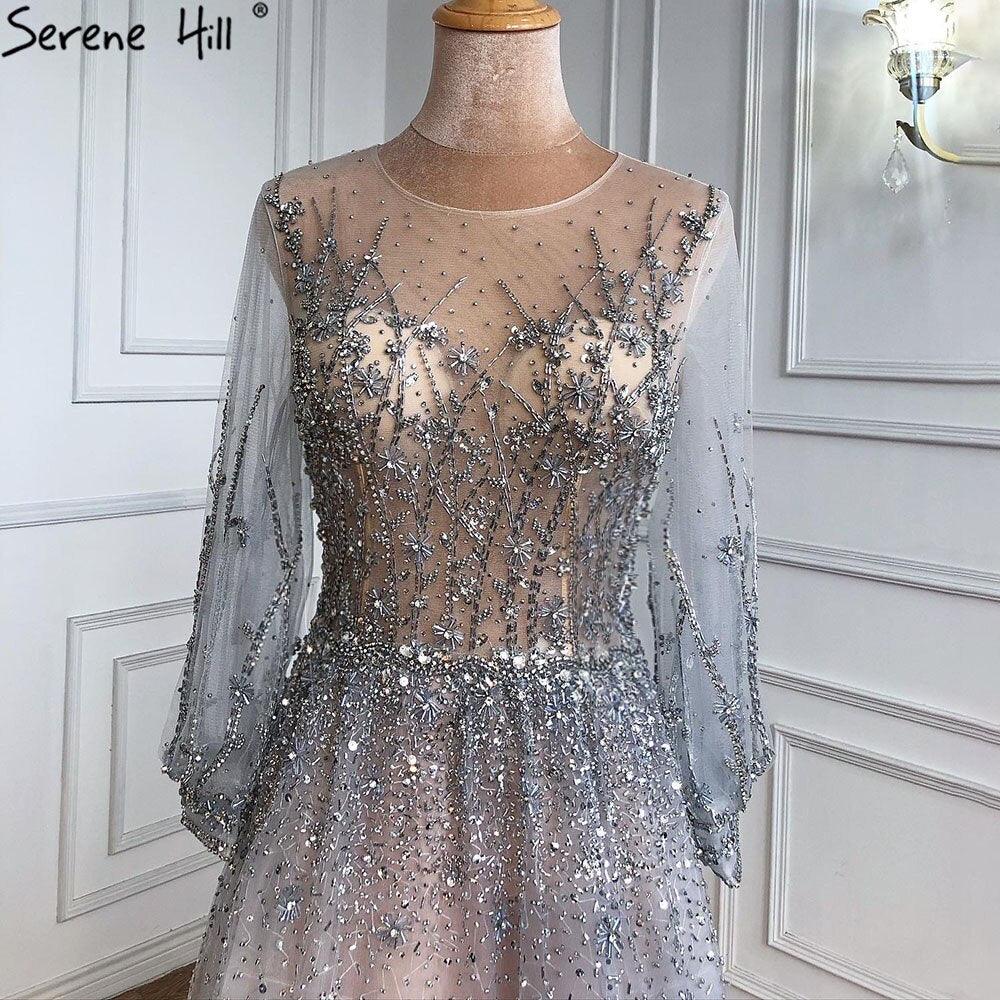 Vestido de noche de lujo plateado estilo Dubái, de manga larga, corte A, con lentejuelas y abalorios, vestido formal sexy Serene Hill LA70418 