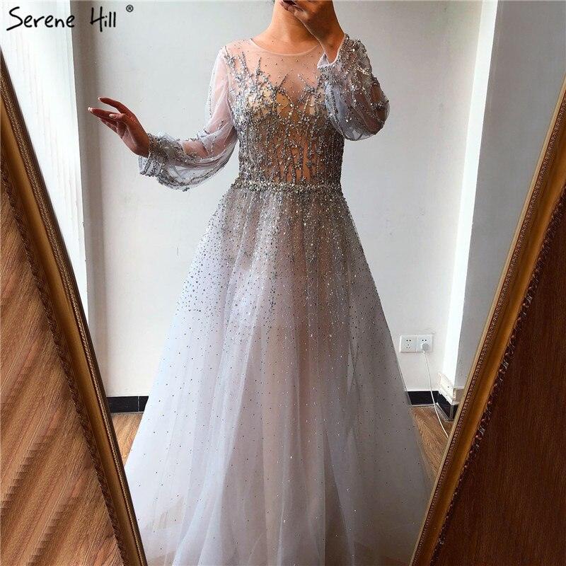 Vestido de noche de lujo plateado estilo Dubái, de manga larga, corte A, con lentejuelas y abalorios, vestido formal sexy Serene Hill LA70418 