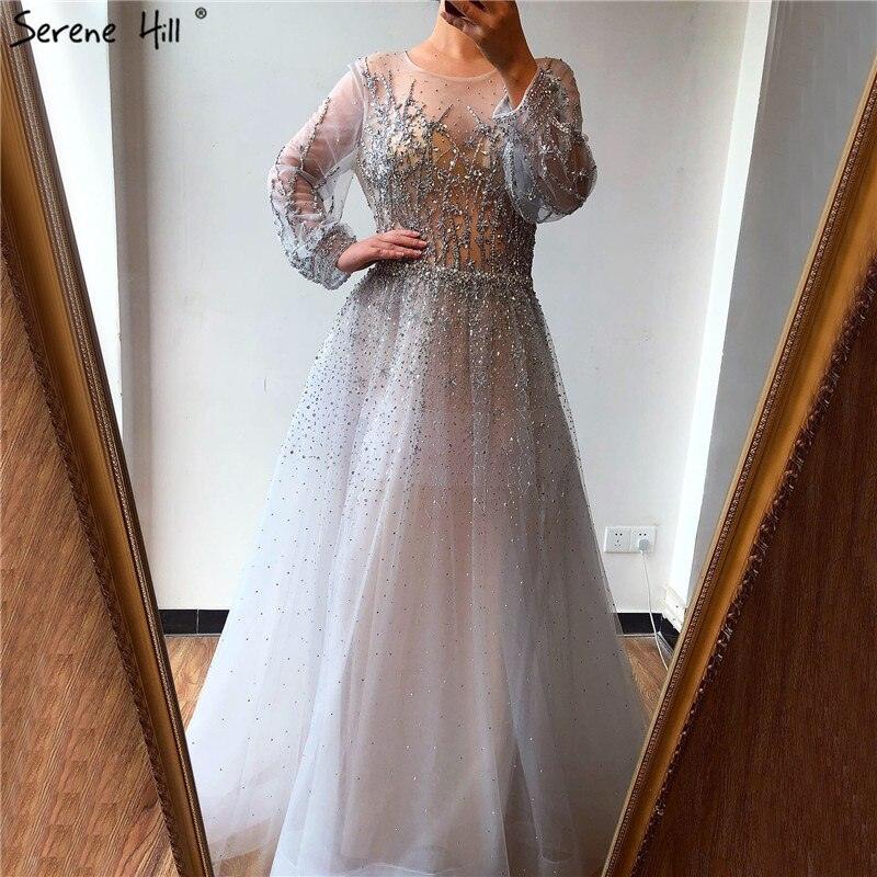 Vestido de noche de lujo plateado estilo Dubái, de manga larga, corte A, con lentejuelas y abalorios, vestido formal sexy Serene Hill LA70418 