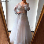 Vestido de noche de lujo plateado estilo Dubái, de manga larga, corte A, con lentejuelas y abalorios, vestido formal sexy Serene Hill LA70418 