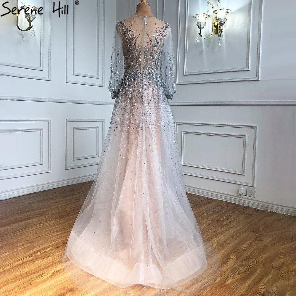 Vestido de noche de lujo plateado estilo Dubái, de manga larga, corte A, con lentejuelas y abalorios, vestido formal sexy Serene Hill LA70418 