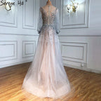 Vestido de noche de lujo plateado estilo Dubái, de manga larga, corte A, con lentejuelas y abalorios, vestido formal sexy Serene Hill LA70418 