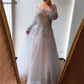 Vestido de noche de lujo plateado estilo Dubái, de manga larga, corte A, con lentejuelas y abalorios, vestido formal sexy Serene Hill LA70418 