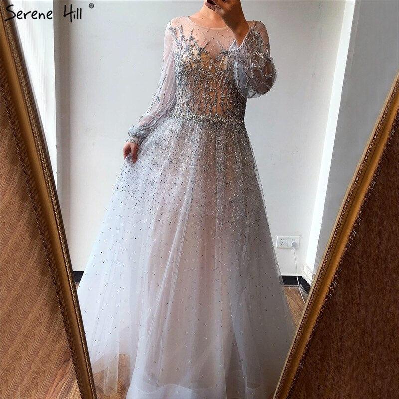 Vestido de noche de lujo plateado estilo Dubái, de manga larga, corte A, con lentejuelas y abalorios, vestido formal sexy Serene Hill LA70418 