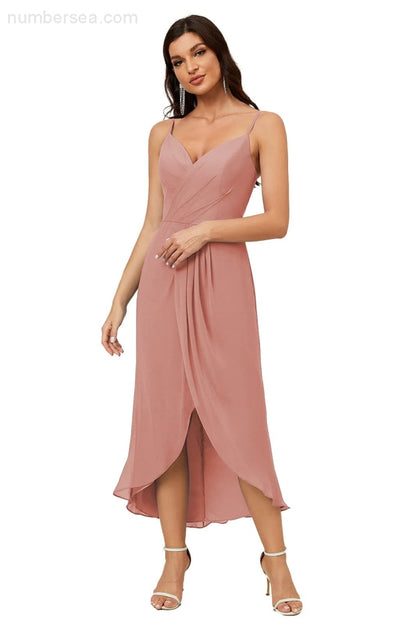 Numbersea Spaghetti Chiffon V Neck Bridesmaid Dress Mid-Length Slit Formal Prom Dress Homecoming Dress 2803-numbersea