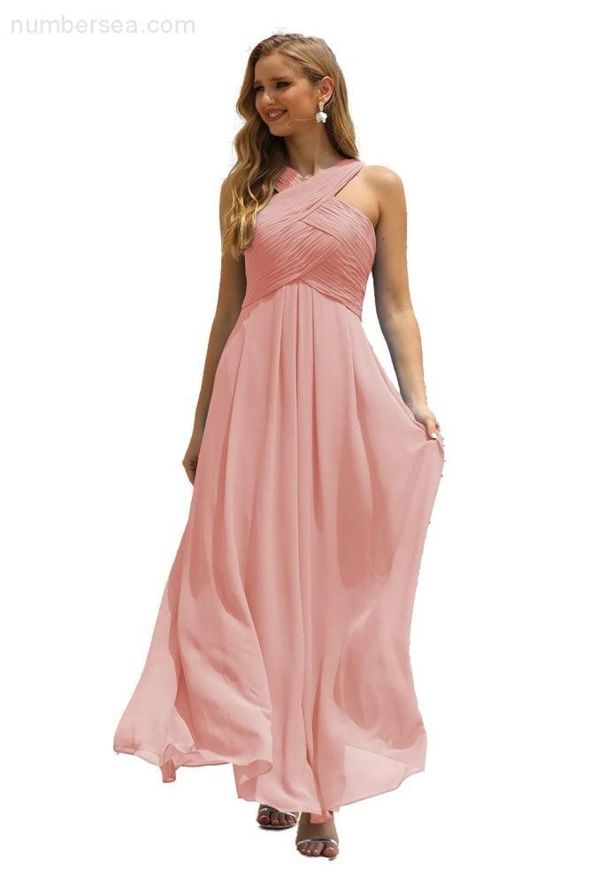 Numbersea Women Halter Chiffon Bridesmaid Dress A-line Long Formal Prom Gown SEA28015-numbersea