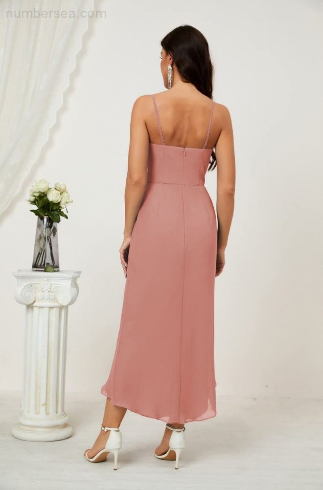Numbersea Spaghetti Chiffon V Neck Bridesmaid Dress Mid-Length Slit Formal Prom Dress Homecoming Dress 2803-numbersea