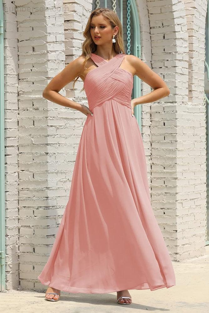 Numbersea Women Halter Chiffon Bridesmaid Dress A-line Long Formal Prom Gown SEA28015-numbersea