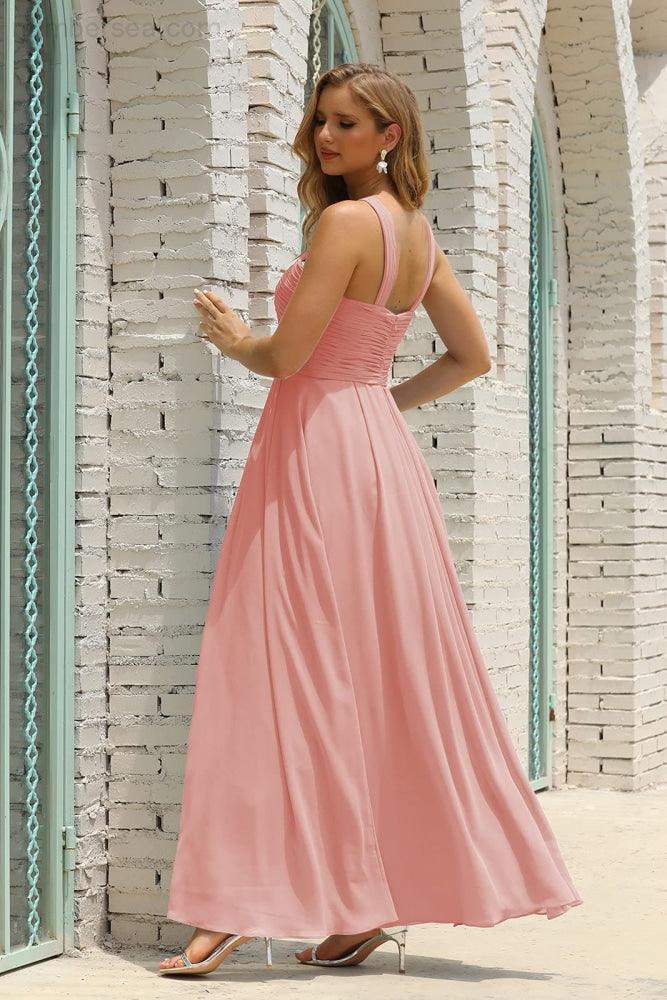 Numbersea Women Halter Chiffon Bridesmaid Dress A-line Long Formal Prom Gown SEA28015-numbersea
