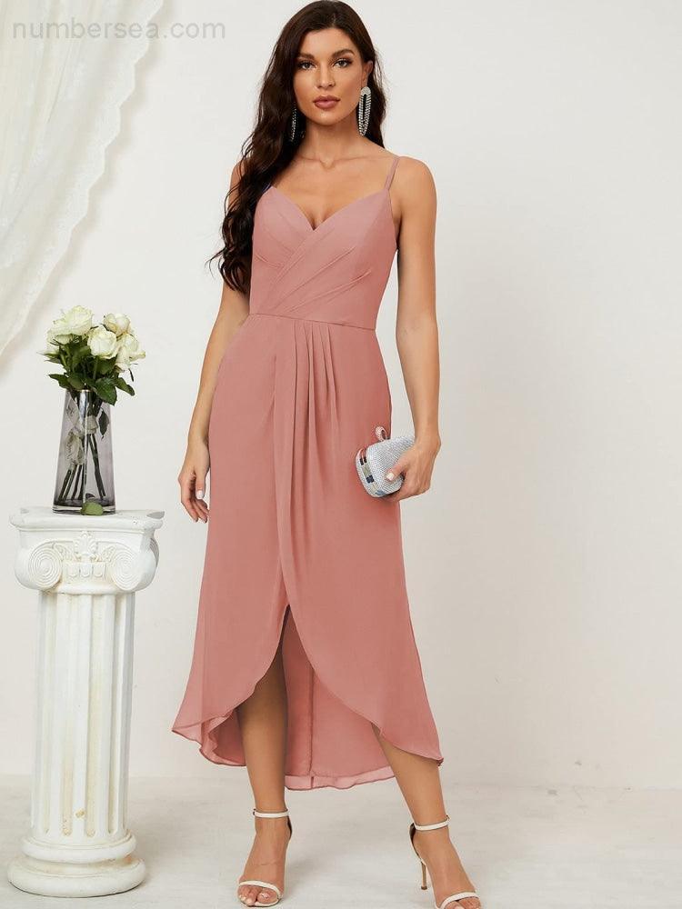 Numbersea Spaghetti Chiffon V Neck Bridesmaid Dress Mid-Length Slit Formal Prom Dress Homecoming Dress 2803-numbersea