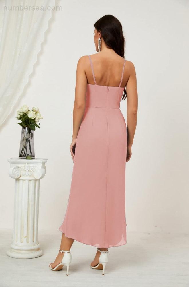 Numbersea Spaghetti Chiffon V Neck Bridesmaid Dress Mid-Length Slit Formal Prom Dress Homecoming Dress 2803-numbersea