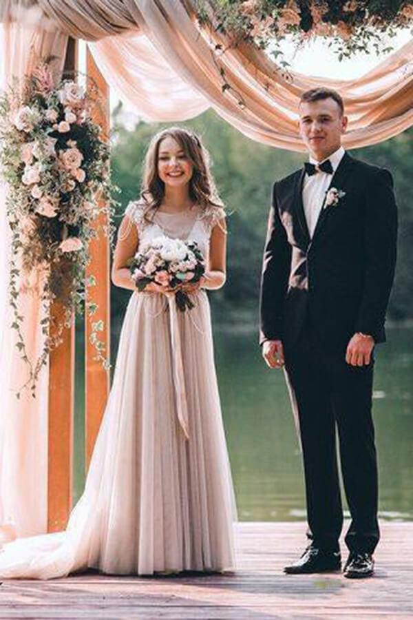 Vestido de novia bohemio con mangas cortas rústicas de tul plateado NumberSea, MW677