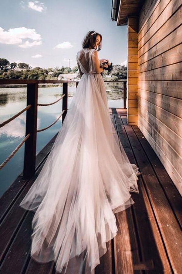 Vestido de novia bohemio con mangas cortas rústicas de tul plateado NumberSea, MW677