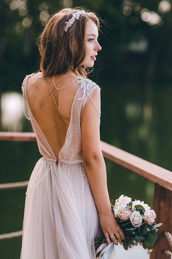 Vestido de novia bohemio con mangas cortas rústicas de tul plateado NumberSea, MW677