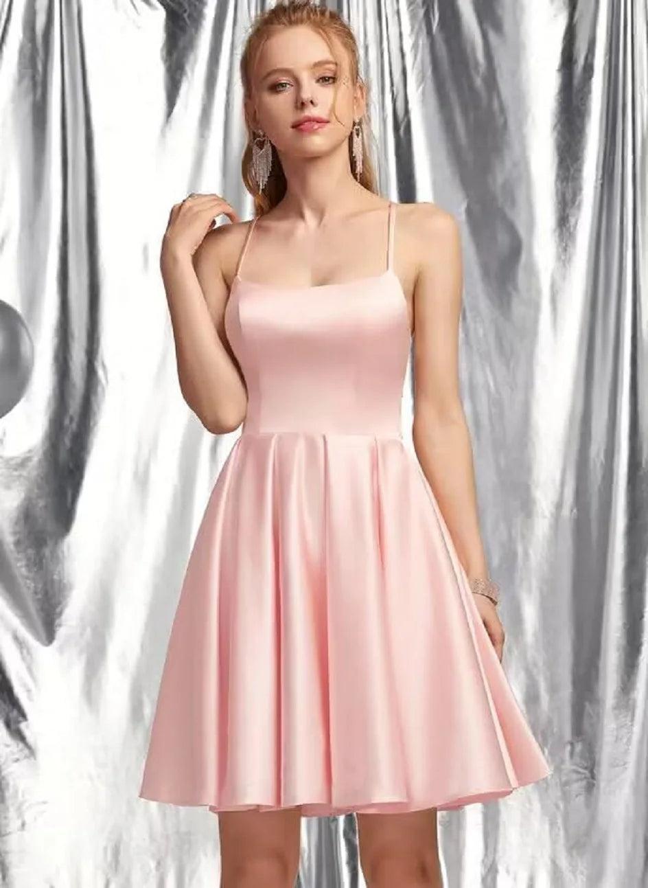 NumberSea Schlichte A-Linie Spaghettiträger Satin Mini Homecoming Kleider Rückenfreies Ärmelloses Hochzeitskleid Graduation Vestidos Coctel Elegantes 