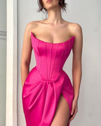 Vestido de fiesta fucsia largo, sencillo, sexy, sin mangas, de satén, con abertura