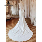 Vestido de novia sencillo de satén suave con escote redondo y espalda abierta, estilo sirena, con lazo, sin mangas, estilo sukienka na wesele NumberSea