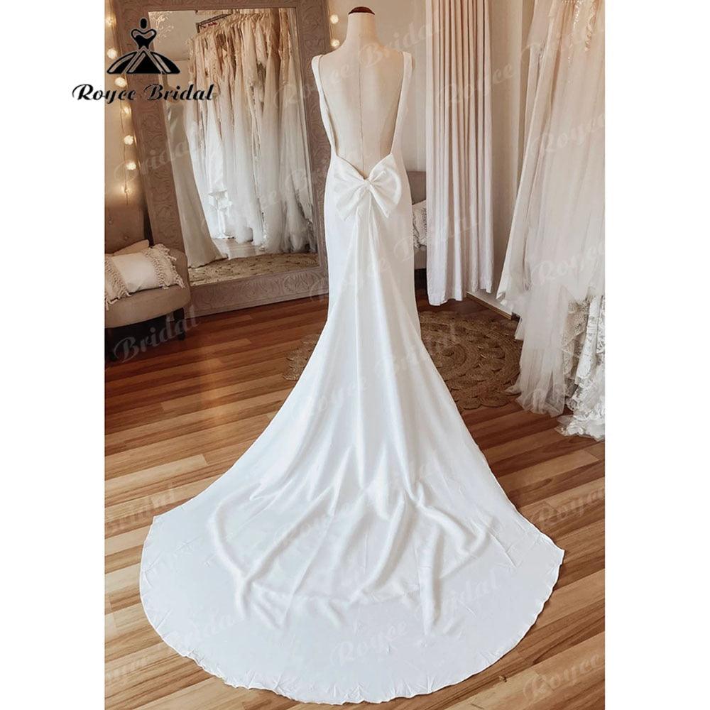 Vestido de novia sencillo de satén suave con escote redondo y espalda abierta, estilo sirena, con lazo, sin mangas, estilo sukienka na wesele NumberSea