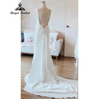 Vestido de novia sencillo de satén suave con escote redondo y espalda abierta, estilo sirena, con lazo, sin mangas, estilo sukienka na wesele NumberSea