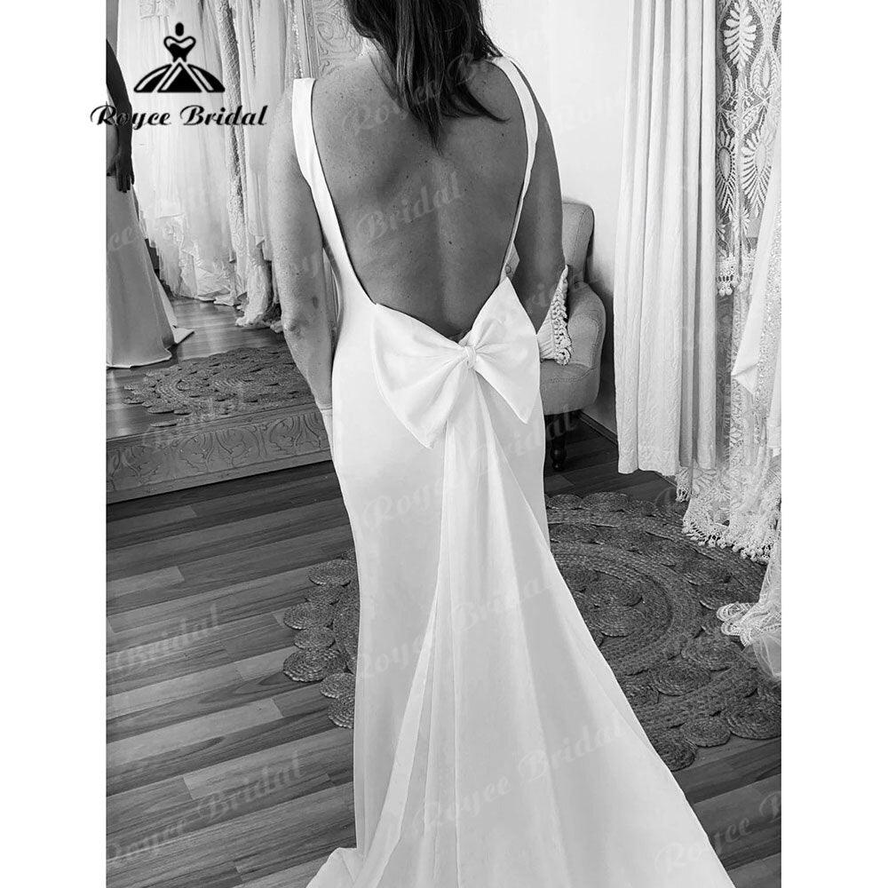 Vestido de novia sencillo de satén suave con escote redondo y espalda abierta, estilo sirena, con lazo, sin mangas, estilo sukienka na wesele NumberSea