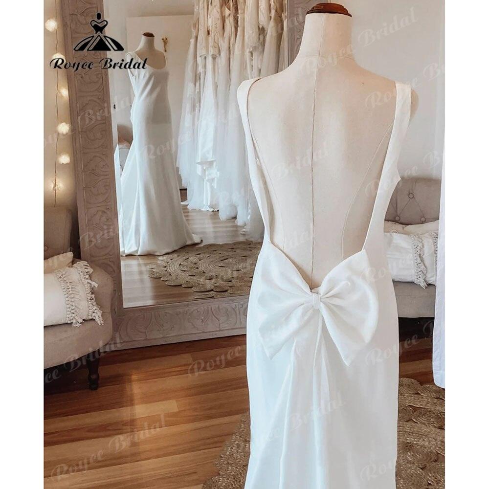 Vestido de novia sencillo de satén suave con escote redondo y espalda abierta, estilo sirena, con lazo, sin mangas, estilo sukienka na wesele NumberSea
