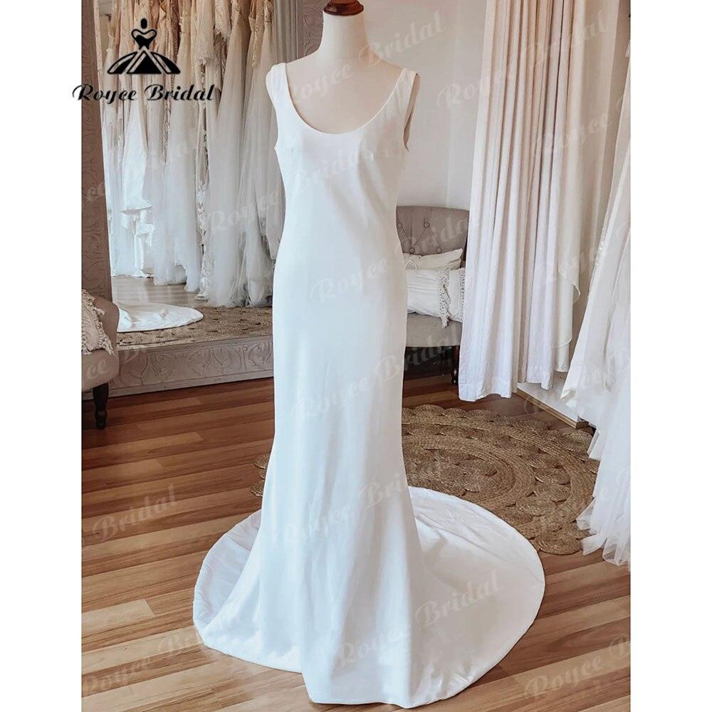 Vestido de novia sencillo de satén suave con escote redondo y espalda abierta, estilo sirena, con lazo, sin mangas, estilo sukienka na wesele NumberSea