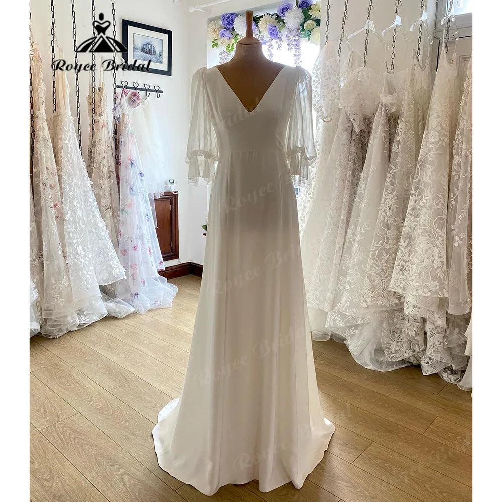 Sencillo Vestido de Novia Bohemio de Satén Suave con Cuello de Pico y Manga Corta Abullonada para Mujer, para Playa o Recepción, Batas de Novia robe de mariee