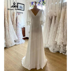 Einfaches, weiches Satinkleid mit V-Ausschnitt, Boho-Hochzeitskleid mit kurzen Puffärmeln, Strandbrautkleid für Damen, Robe de Mariée