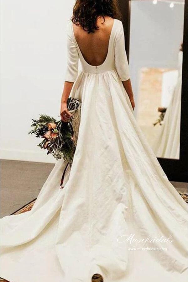 Vestidos de novia sencillos NumberSea con mangas 3/4 y espalda descubierta, MW972
