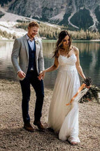 Vestido de novia de playa NumberSea, sencillo, de corte A, con encaje, tirantes finos y cola, MW567