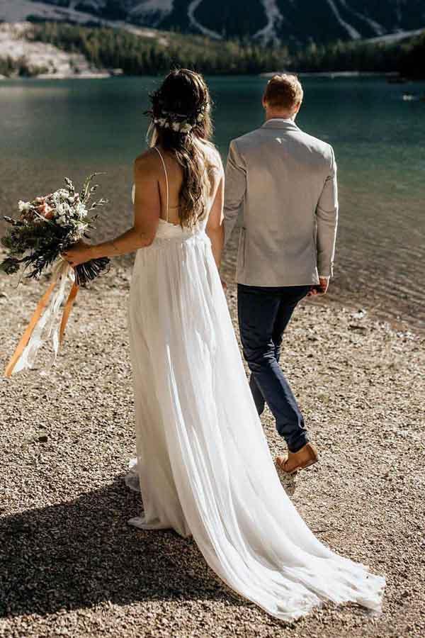 Vestido de novia de playa NumberSea, sencillo, de corte A, con encaje, tirantes finos y cola, MW567
