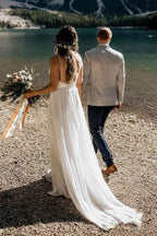 Vestido de novia de playa NumberSea, sencillo, de corte A, con encaje, tirantes finos y cola, MW567