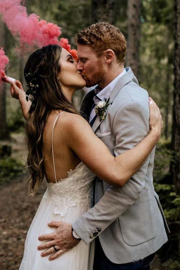 Vestido de novia de playa NumberSea, sencillo, de corte A, con encaje, tirantes finos y cola, MW567