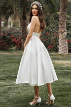 NumberSea Simple A-line Spaghetti Straps Tea Length Wedding Dress, Bridal Gown