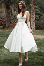 NumberSea Simple A-line Spaghetti Straps Tea Length Wedding Dress, Bridal Gown