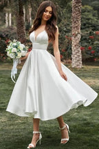 NumberSea Simple A-line Spaghetti Straps Tea Length Wedding Dress, Bridal Gown